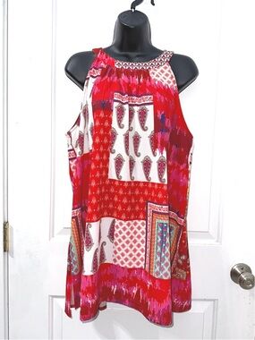 Suzanne Betro Weekend sleeveless top, vibrant red and pink patchwork design
